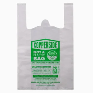 White biodegradable shopping bag with specifications marked on the bottom, concisely presenting product attributes.