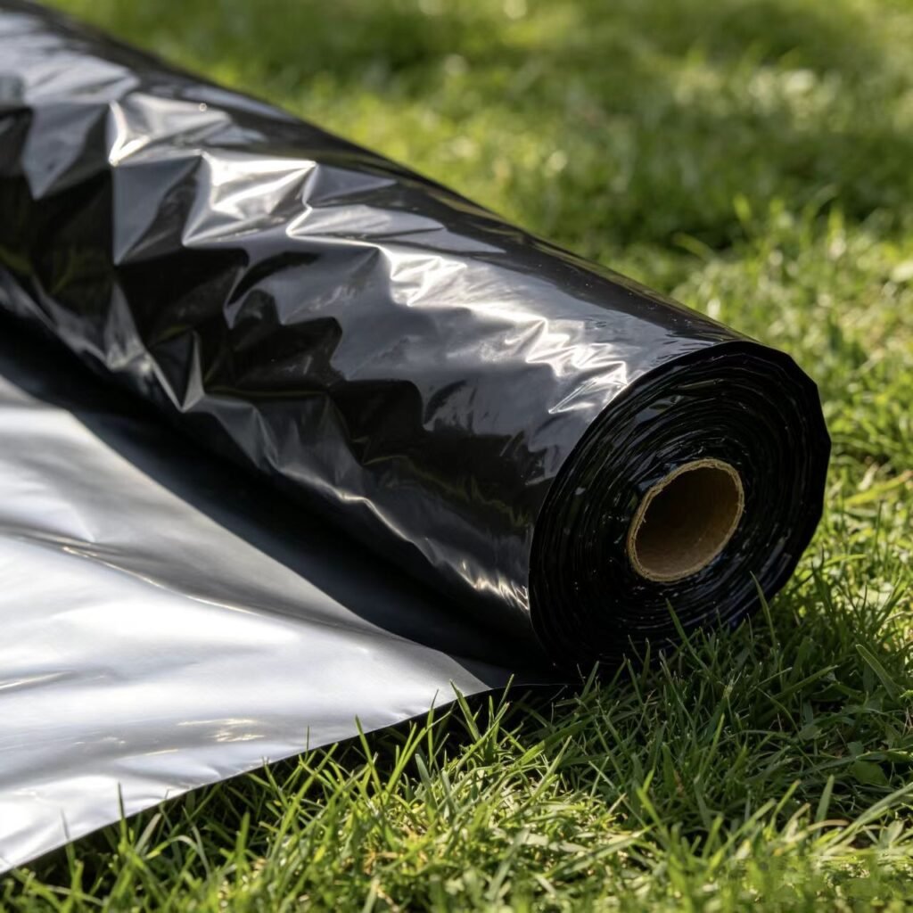 Black-silver reflective agricultural mulch film roll partially unrolled on a natural green grass background. The image shows both the glossy black and reflective silver sides of the mulch film, demonstrating its dual-function design. This farm mulch film is used for weed control, pest repelling, and enhancing light reflection for crop growth, suitable for outdoor farm applications.
