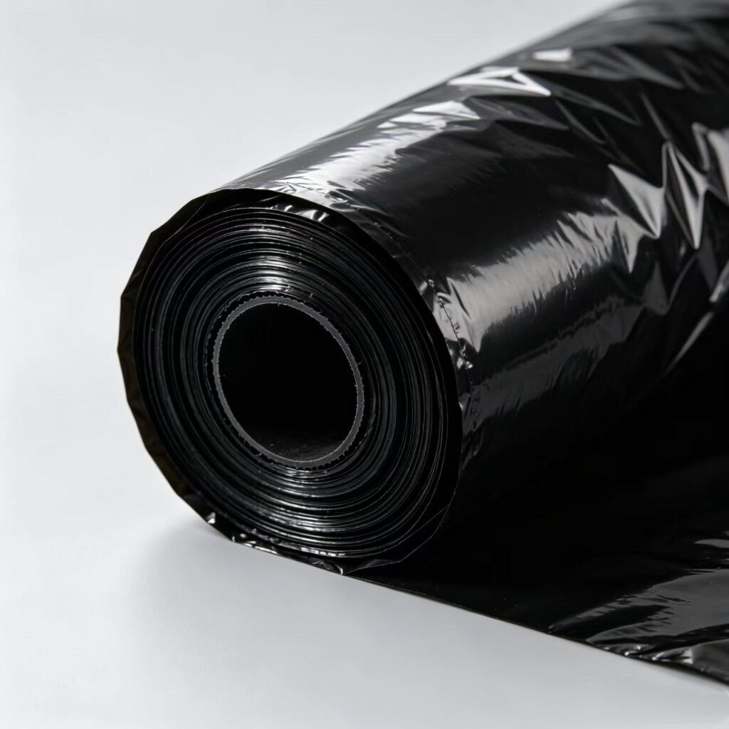 Studio product shot of a vertical roll of black agricultural plastic mulch film, displayed on a pure white background. The glossy black mulch film roll features visible plastic core ends, highlighting its smooth, wrinkle-free texture. This high-quality black plastic mulch is designed for farm use to suppress weeds, retain soil moisture, and regulate soil temperature.