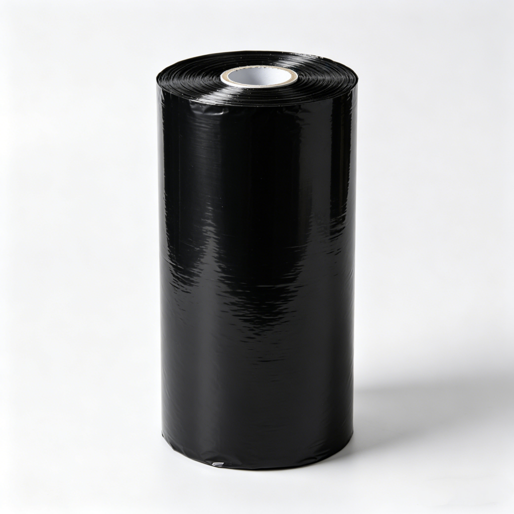 Black-silver reflective agricultural mulch film roll partially unrolled on a natural green grass background. The image shows both the glossy black and reflective silver sides of the mulch film, demonstrating its dual-function design. This farm mulch film is used for weed control, pest repelling, and enhancing light reflection for crop growth, suitable for outdoor farm applications.