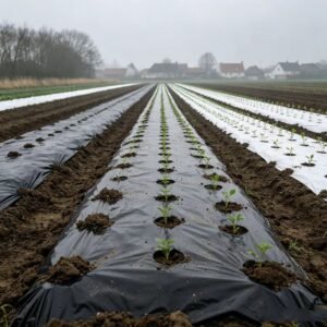 Photorealistic wide shot of agricultural farmland with raised bed mulch cultivation, showing neat parallel rows of crops covered with black-and-white plastic mulch film. The foreground features black plastic mulch fixed with soil clumps, while midground rows show young green seedlings emerging from planting holes. The background includes windbreak trees and distant rural houses under overcast sky. The image demonstrates the application of agricultural mulch film in modern farming.