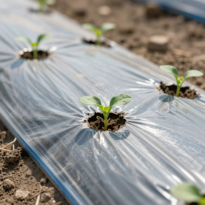 Macro documentary close-up of young crop seedlings emerging from pre-punched holes in clear agricultural plastic mulch film. The image captures sun reflections on the transparent mulch surface, with blue drip irrigation tape visible underneath, highlighting the integrated mulch and irrigation system for efficient water use. This detail shot demonstrates the practical application of clear mulch film in water-saving farm cultivation.