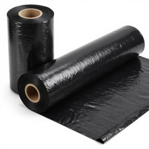 Studio product photography of two rolls of black agricultural plastic mulch film on a pure white background, featuring one vertical roll and one horizontal roll. The partially unrolled film highlights the glossy texture of the black mulch, presenting a dual-orientation product display for commercial wholesale and retail.