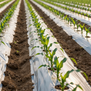Photorealistic farm field shot of vibrant young corn seedlings growing through holes in translucent white plastic mulch film. Neatly aligned rows of crops on raised beds, with warm natural sunlight highlighting the lush green foliage and smooth mulch texture. This white agricultural mulch film is designed for soil moisture retention, weed suppression, and early-season crop protection in corn cultivation.