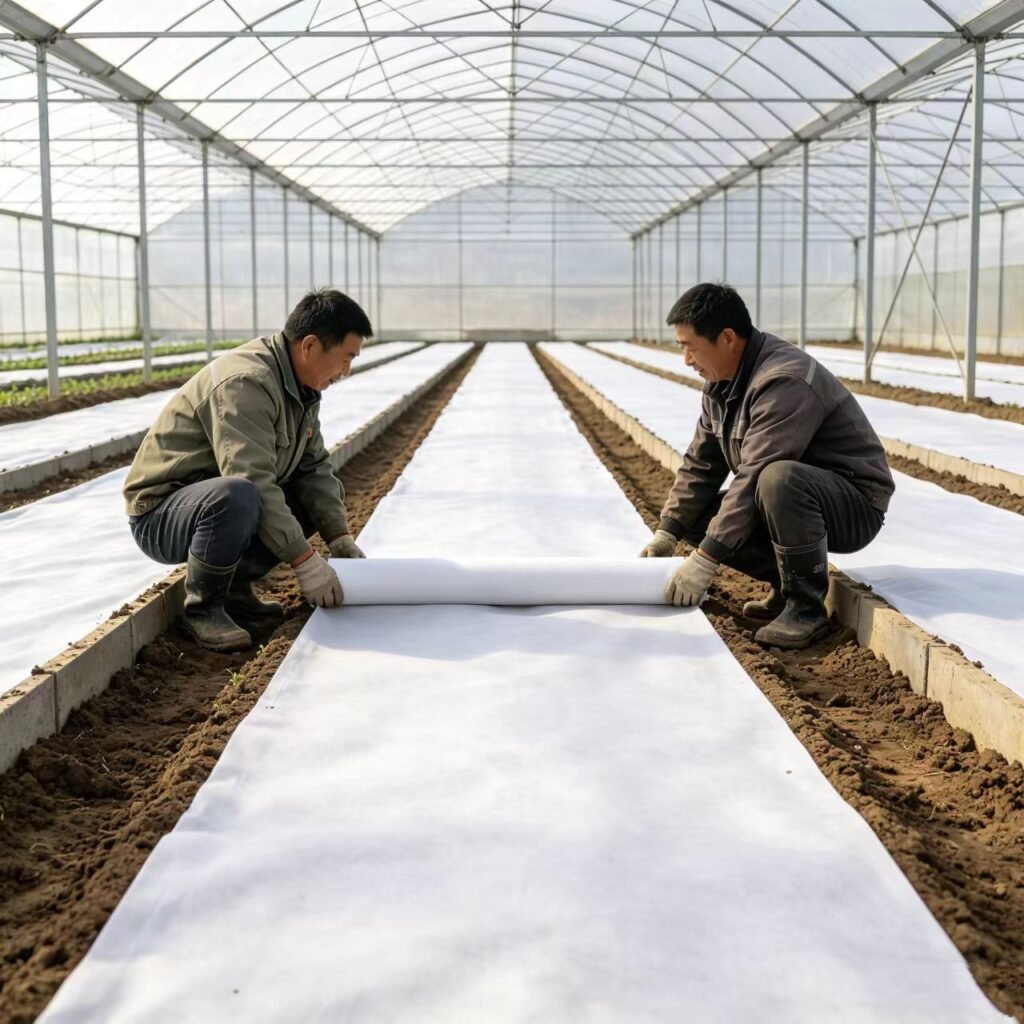 Workers laying white agricultural non-woven fabric mulch film on raised beds inside a commercial greenhouse. The image shows parallel rows of tilled soil beds being covered with mulch film, with transparent plastic greenhouse roof and metal support frames in the background. This demonstrates the practical application of mulch film in protected agriculture and greenhouse farming.