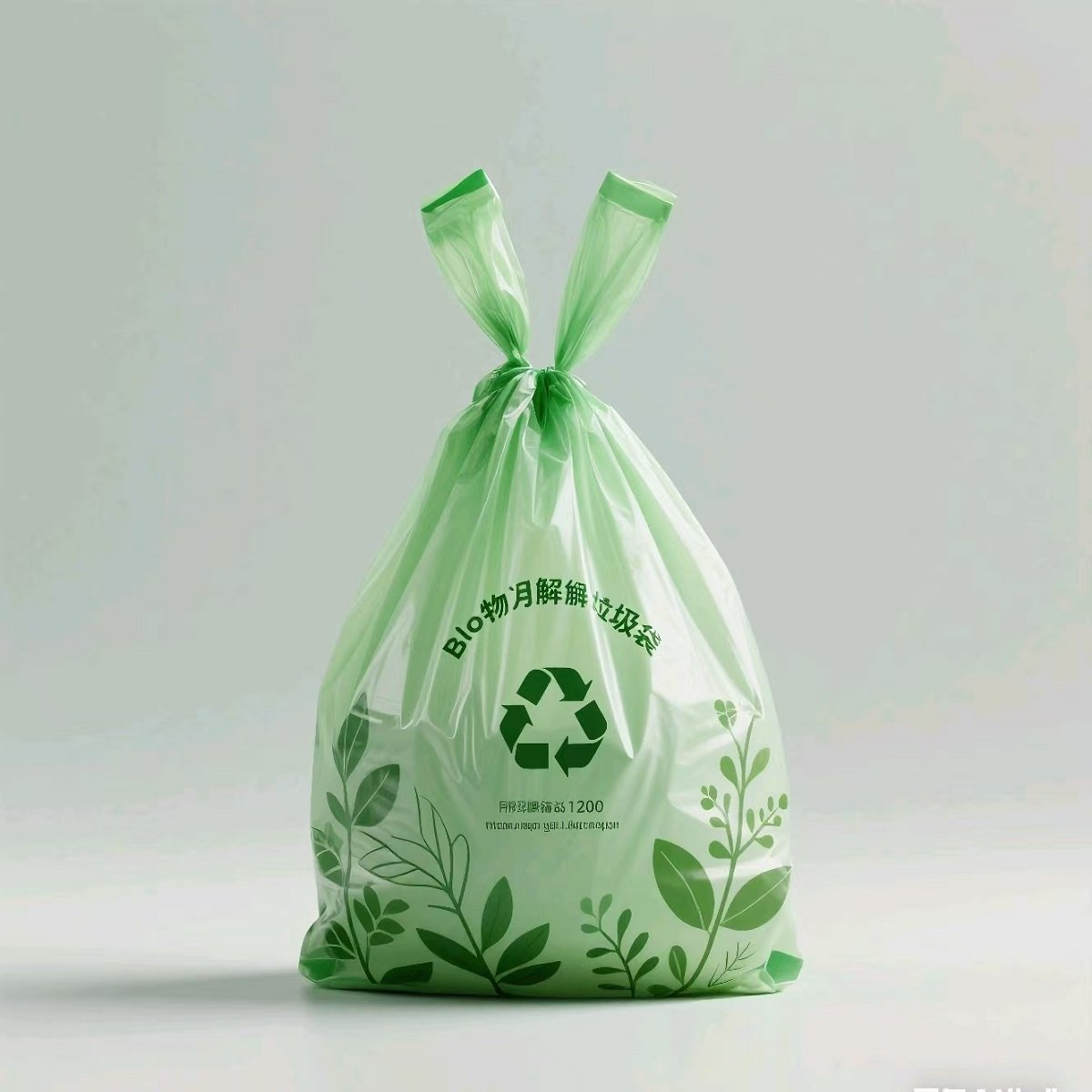 Green fully biodegradable garbage bag with a top drawstring design, environmental certification mark, and three-dimensional display of the product shape.