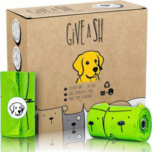 Green biodegradable pet waste bag rolls and dispensers, with black and white text indicating their environmental attributes, present an overall natural and simple style.