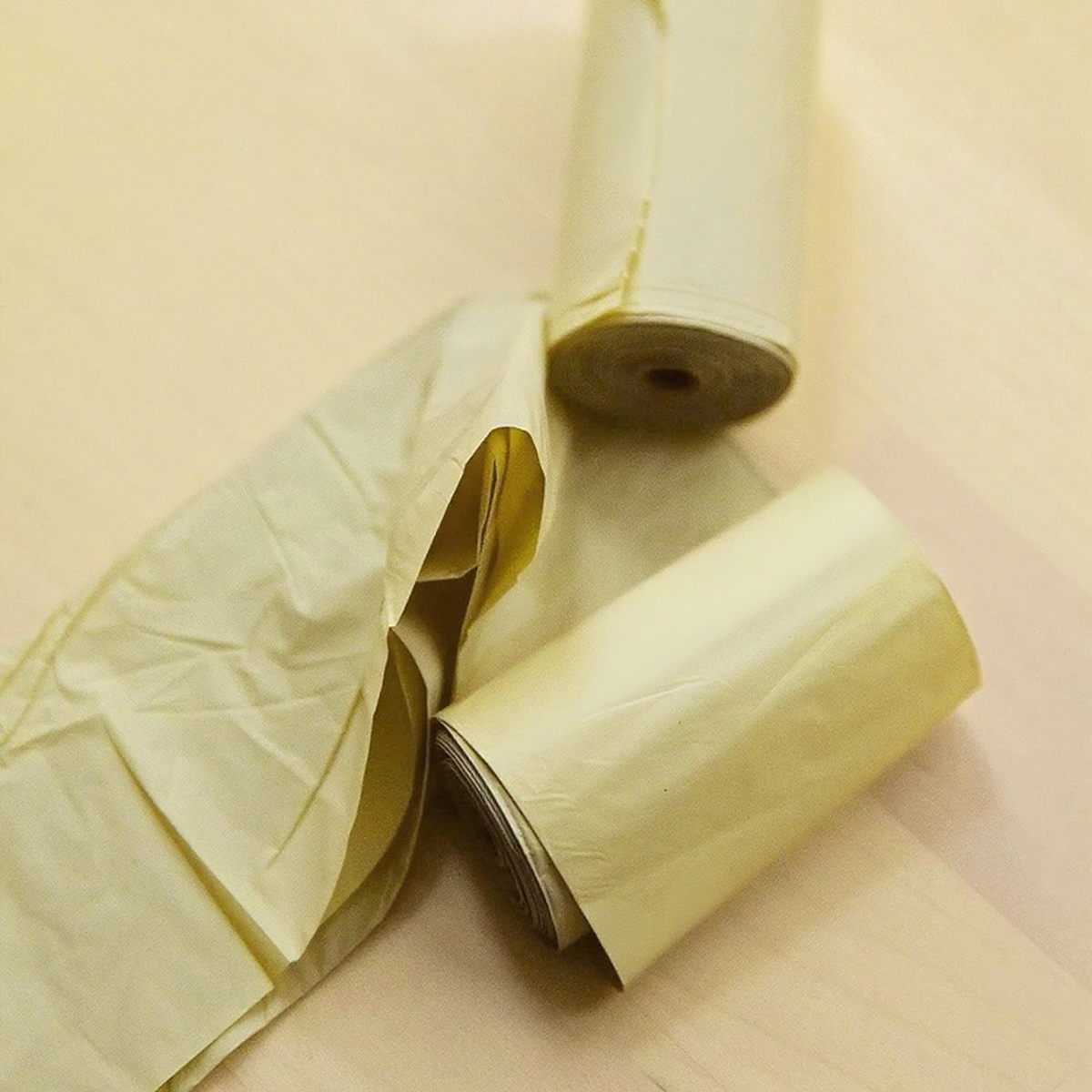 Three rolls of biodegradable pet waste bags are placed on a light yellow background, highlighting the original texture and environmentally friendly properties of the material.