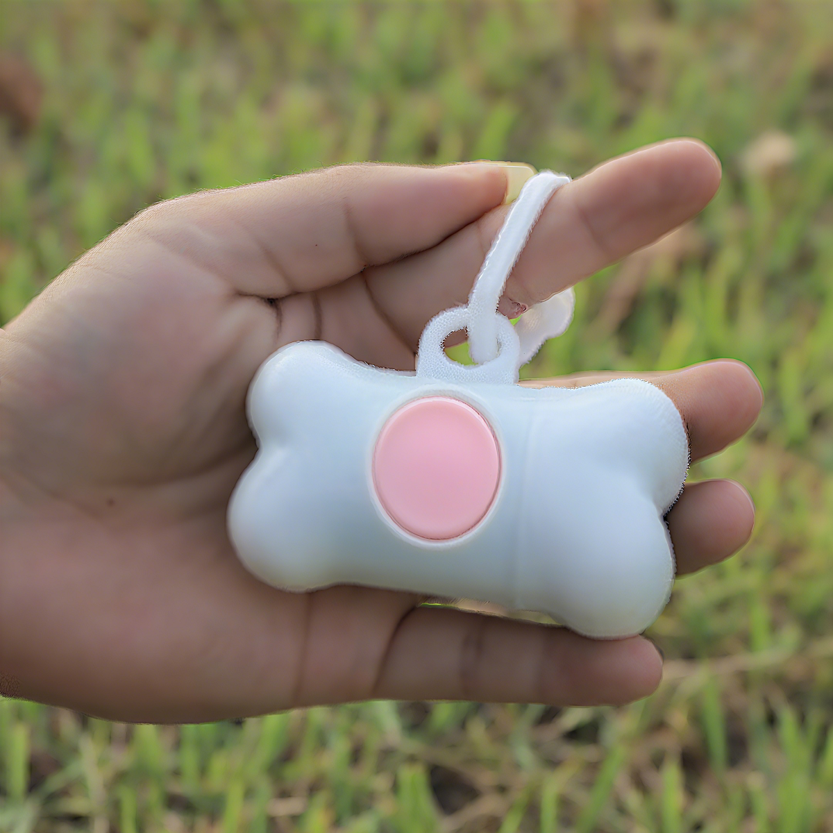 The white bone-shaped pet waste bag dispenser features a portable lanyard design, highlighting the cute environmental protection concept.