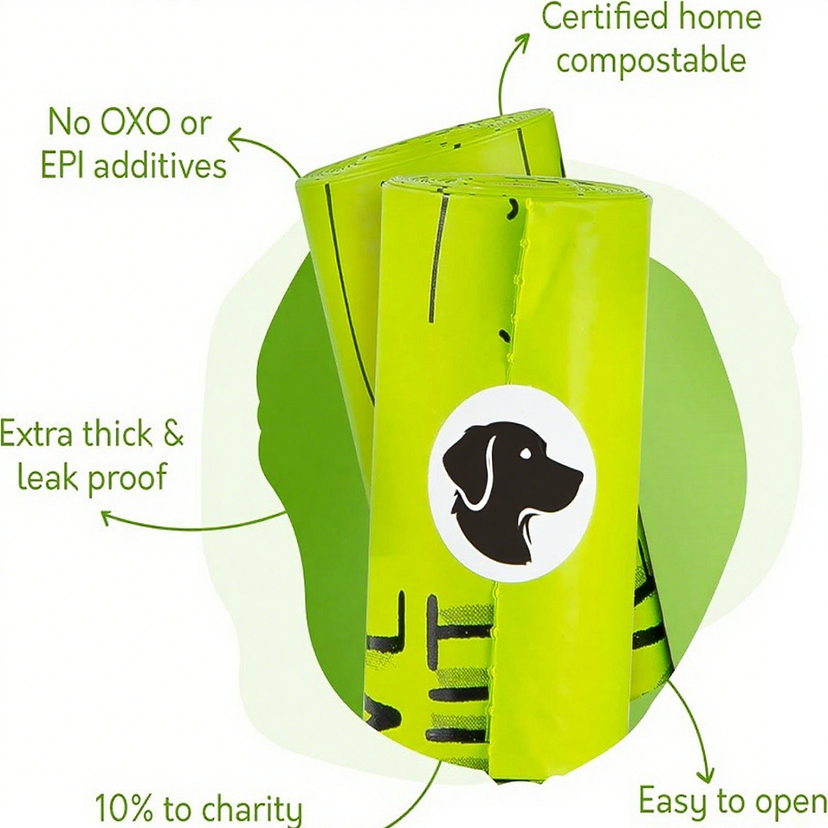 The green fan-shaped biodegradable pet waste bag has a cartoon dog paw pattern printed in the center and environmentally friendly text marked on the edge. The overall design is fresh and intuitive.