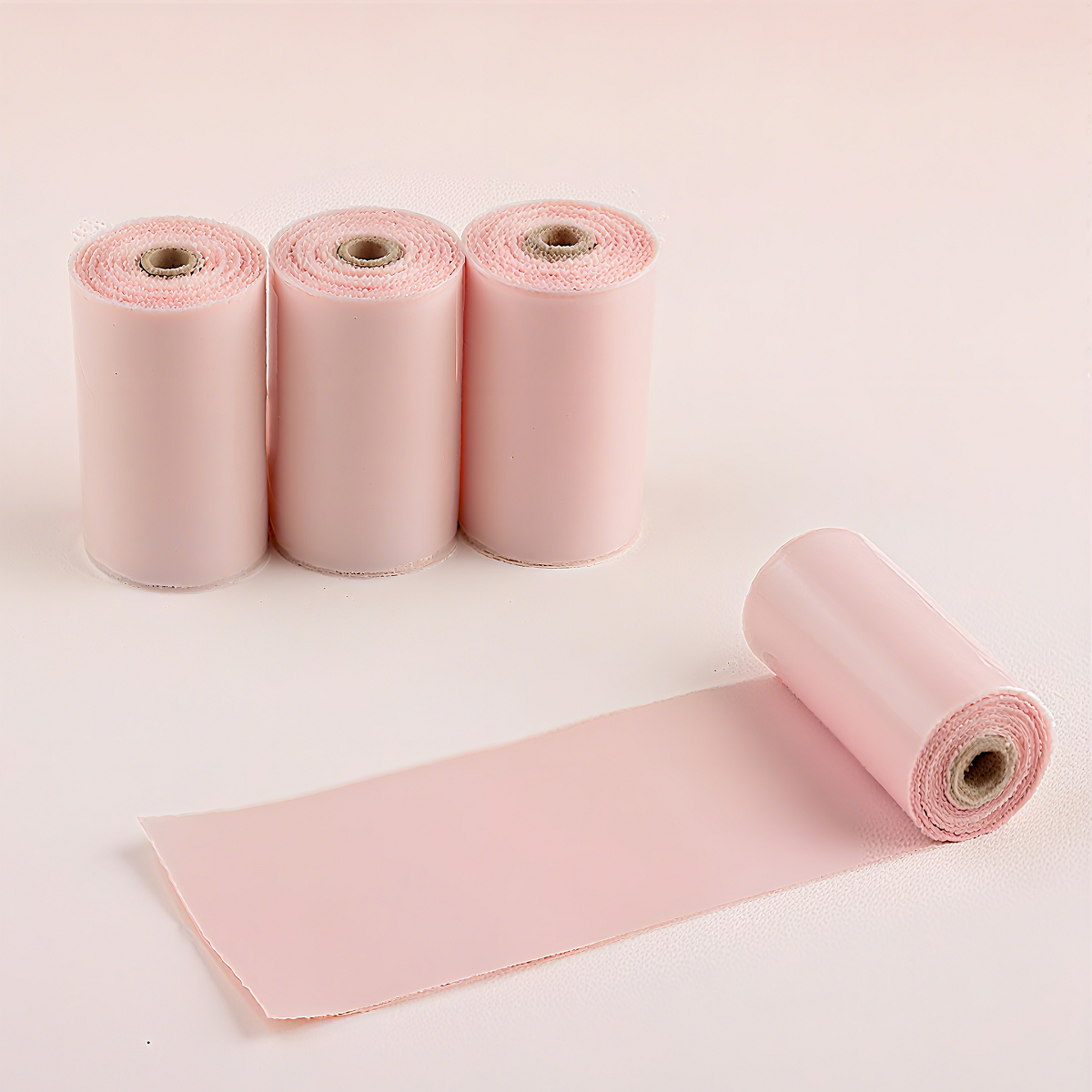 A light pink biodegradable pet waste bag with a white background that highlights its soft texture and environmental friendliness.