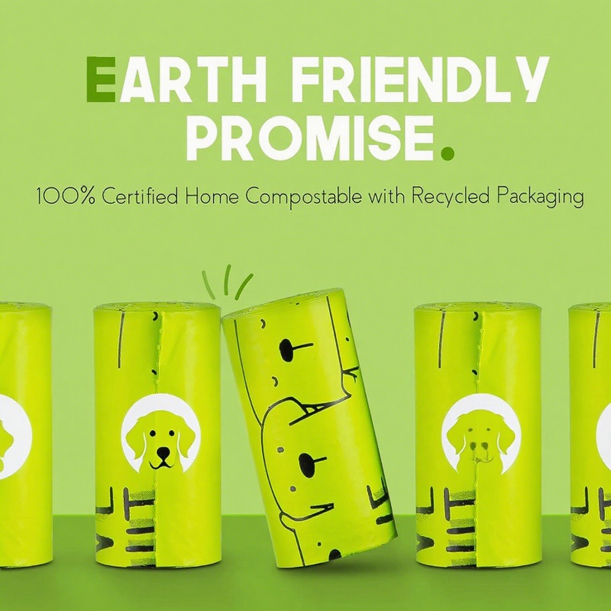 Five rolls of yellow biodegradable pet waste bags are arranged horizontally, with the green environmental protection logo printed on the packaging.