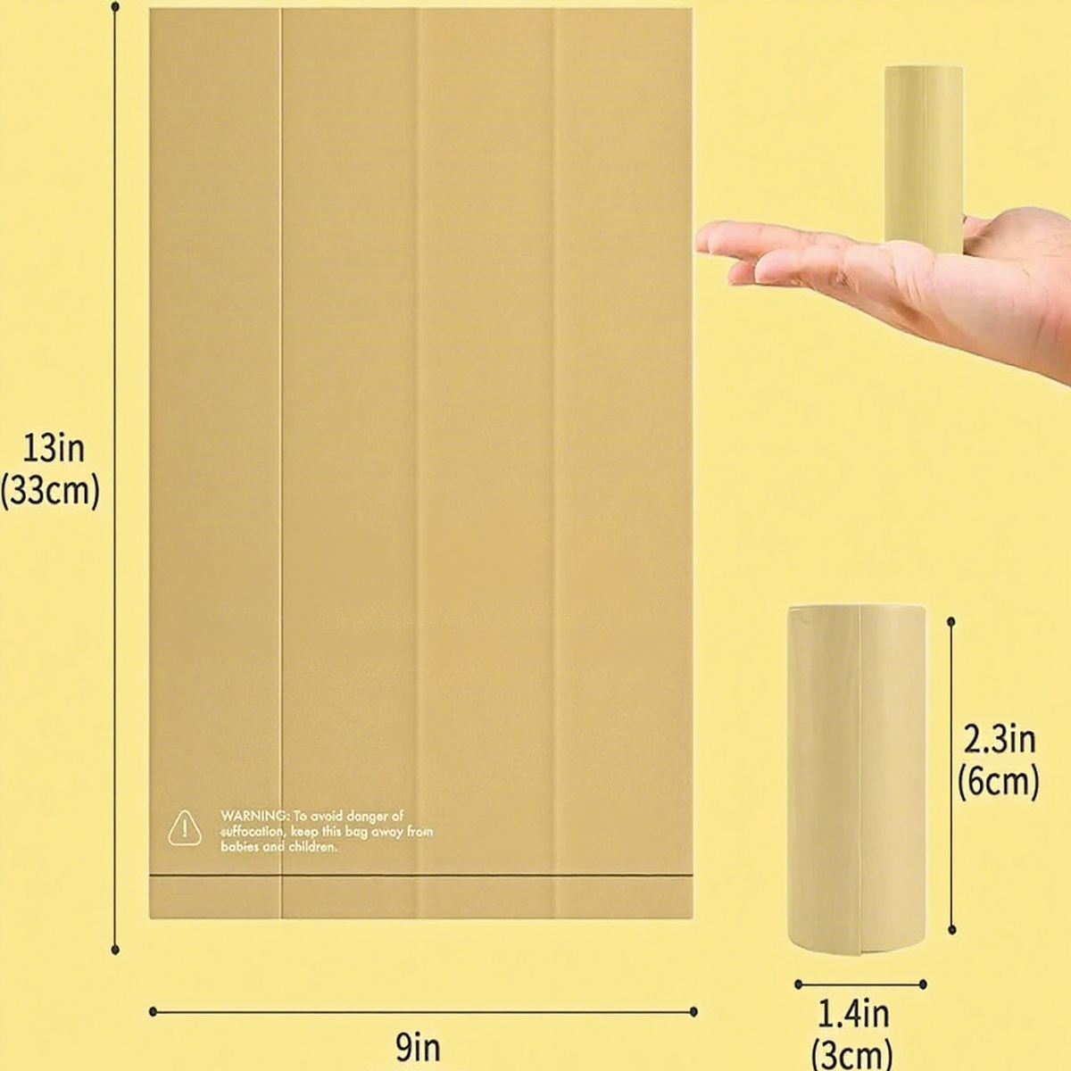 The roll of light yellow biodegradable pet waste bags is marked with a diameter of 7.5cm and a height of 11.5cm, highlighting its specifications and portability.