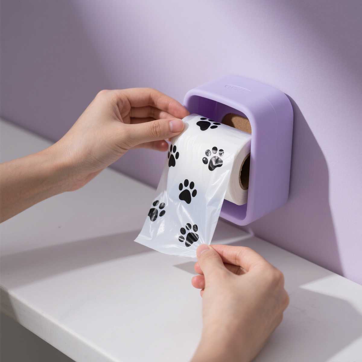 Hands are pulling a biodegradable pet waste bag with a black paw print from a white wall-mounted dispenser, demonstrating the product's installation and use.