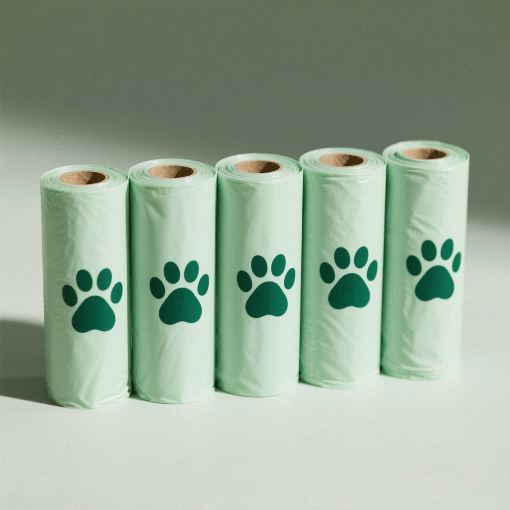 Five rolls of light green biodegradable pet waste bags are arranged horizontally, with a green dog paw print pattern printed on the top of each roll, creating a neat product display effect.