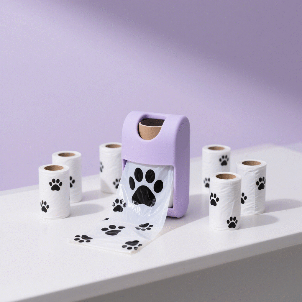 Rolls of white biodegradable pet waste bags with black paw prints are scattered on the white table, showing the product's multi-roll packaging and usage scenarios.