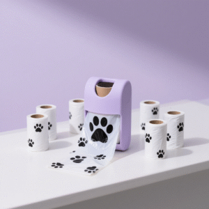 Rolls of white biodegradable pet waste bags with black paw prints are scattered on the white table, showing the product's multi-roll packaging and usage scenarios.