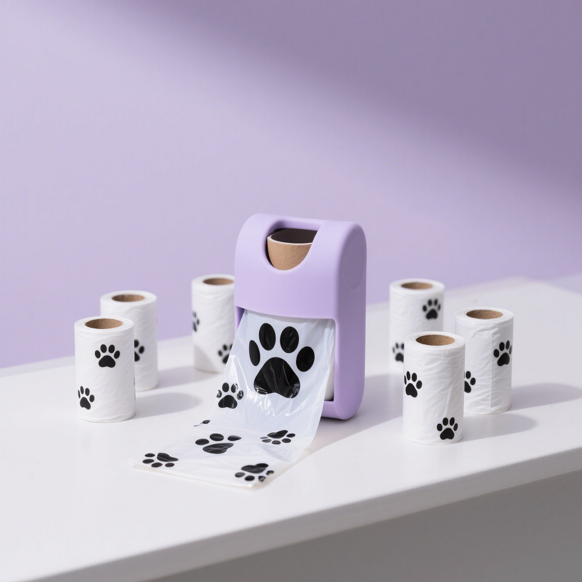 Rolls of white biodegradable pet waste bags with black paw prints are scattered on the white table, showing the product's multi-roll packaging and usage scenarios.