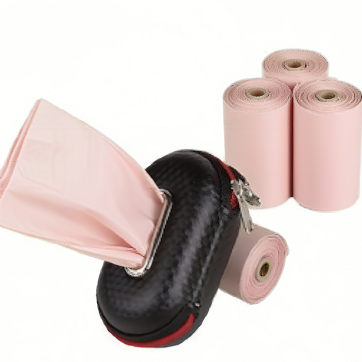 A pink biodegradable pet waste bag is hung on a black portable dispenser, designed to be both portable and environmentally friendly.