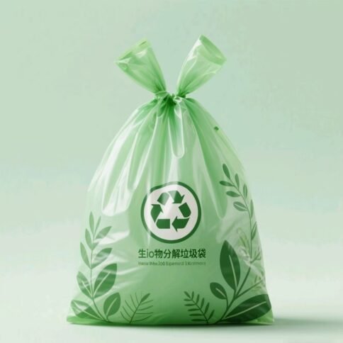 Green, fully biodegradable garbage bags are printed with green leaves and a recycling logo, highlighting their environmentally friendly design.