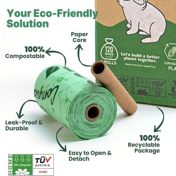 100% Certified Household Compostable Dog Waste Bags-OK Compost and Seedlings,Thick Leak Proof,Bio-Based Compostable Waste Bags - 图片 3
