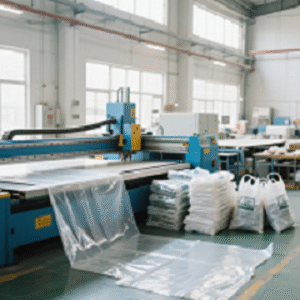 A factory workshop with large machinery producing plastic sheets, stacks of white bags, and spacious layout, indicating an organized environment for manufacturing packaging materials, possibly with eco-friendly or biodegradable options.