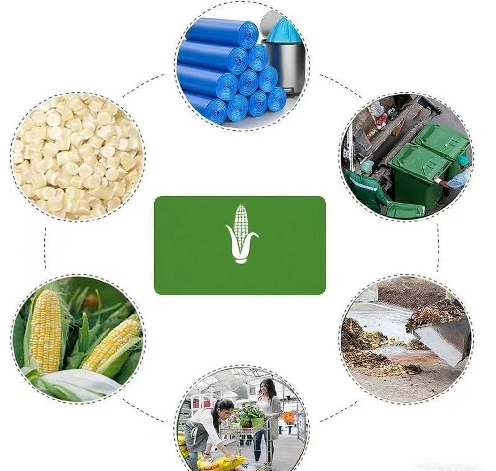 A diagram with circular images of materials like plastic, corn, and machinery, centered by a green eco-icon, illustrating the process of producing eco-friendly, possibly biodegradable packaging or plastic products.