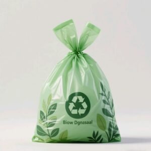 Green, fully biodegradable garbage bags with a top drawstring design and "100% Compostable" marked on the bottom, highlighting their environmentally friendly features.