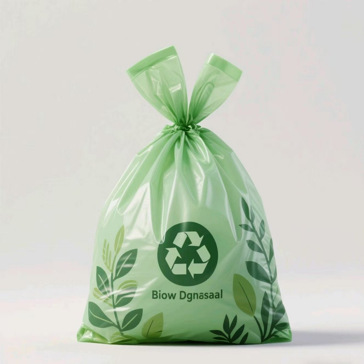 Green, fully biodegradable garbage bags with a top drawstring design and "100% Compostable" marked on the bottom, highlighting their environmentally friendly features.