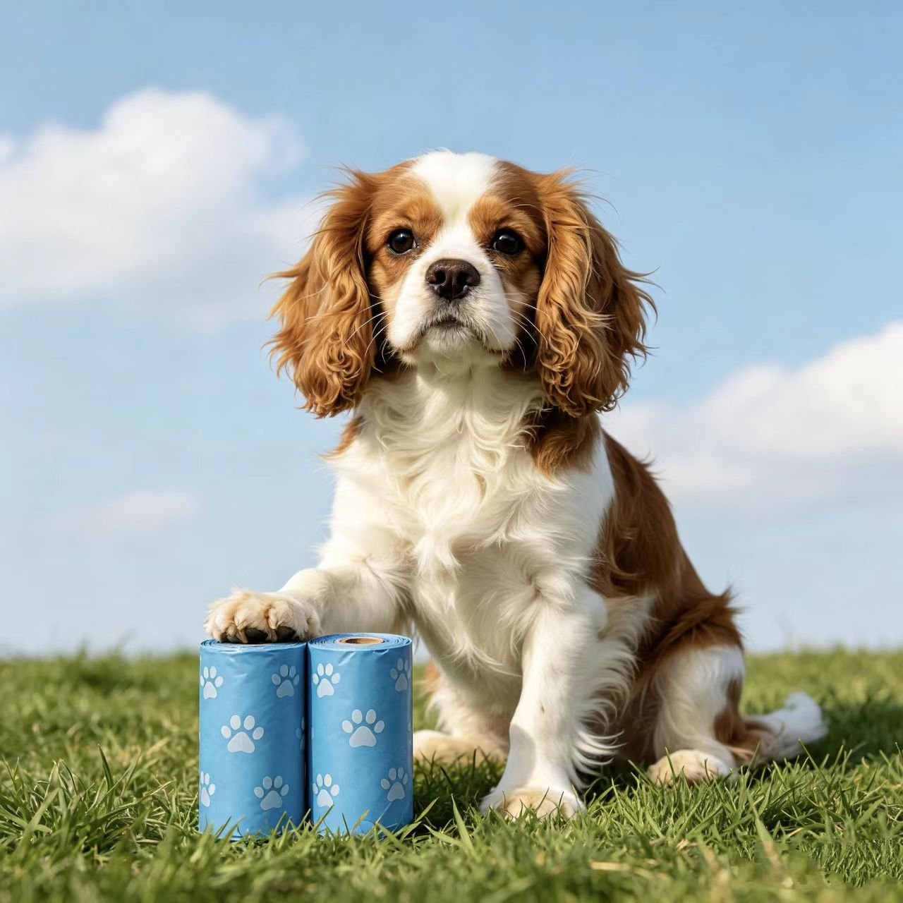 Cavalier King Charles puppy with blue paw printed pet waste rolls on natural green lawn, eco-friendly outdoor walking dog cleaning supplies