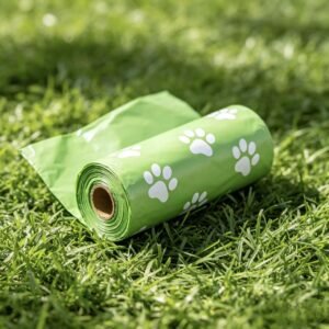 Fresh green white paw print eco-friendly dog poop bags placed on outdoor lawn, portable disposable pet waste disposal rolls