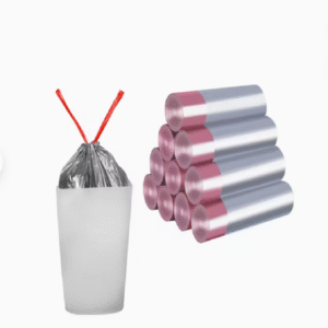 The gray biodegradable garbage bag with a red drawstring at the bag mouth shows the product packaging and storage form, highlighting its neatness and portability.