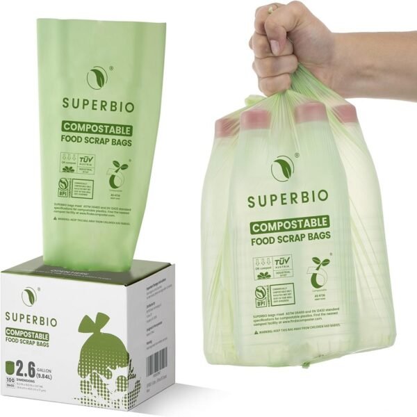 SUPERBIO 3 Gallon Compostable Food Waste Bag, Biodegradable Flat Top Food Waste Bag
