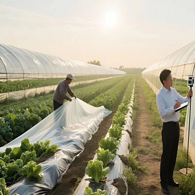 Two people working in a greenhouse farm with rows of plants under sunlight, one handling a covering sheet, indicating an agricultural setting for crop cultivation and the use of eco-friendly materials in farming.