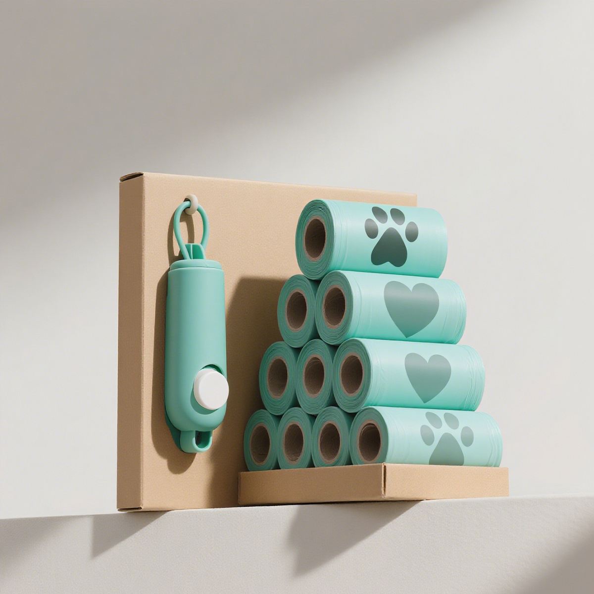 Multiple rolls of green biodegradable pet waste bags are stacked underneath, making the design portable and environmentally friendly.