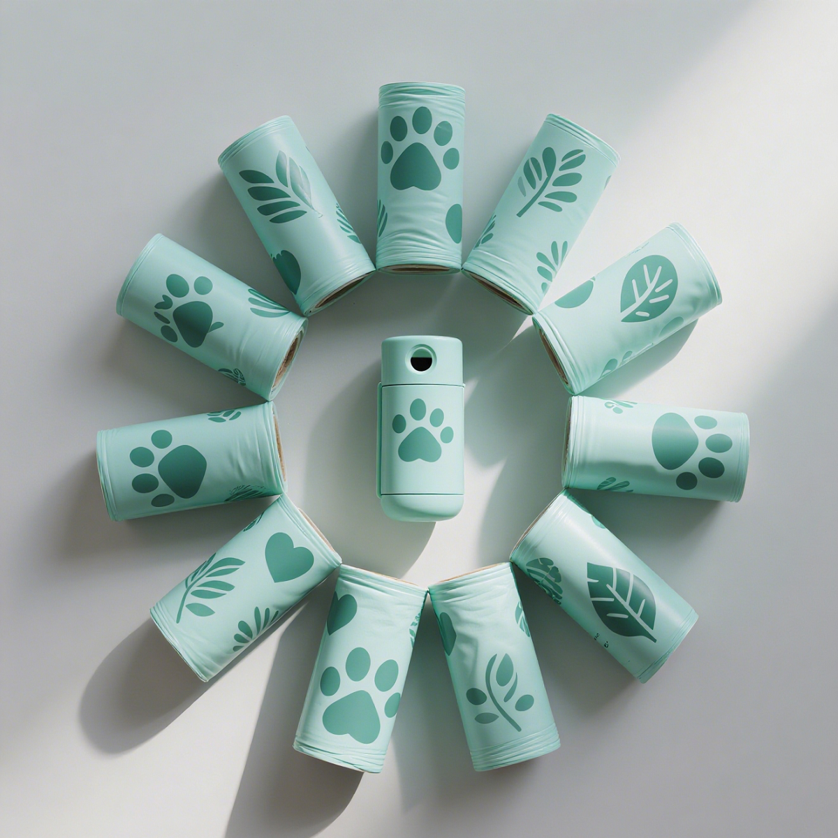 Light green biodegradable pet waste bags are displayed in a circular arrangement, highlighting the product's environmental protection and pet-themed design.