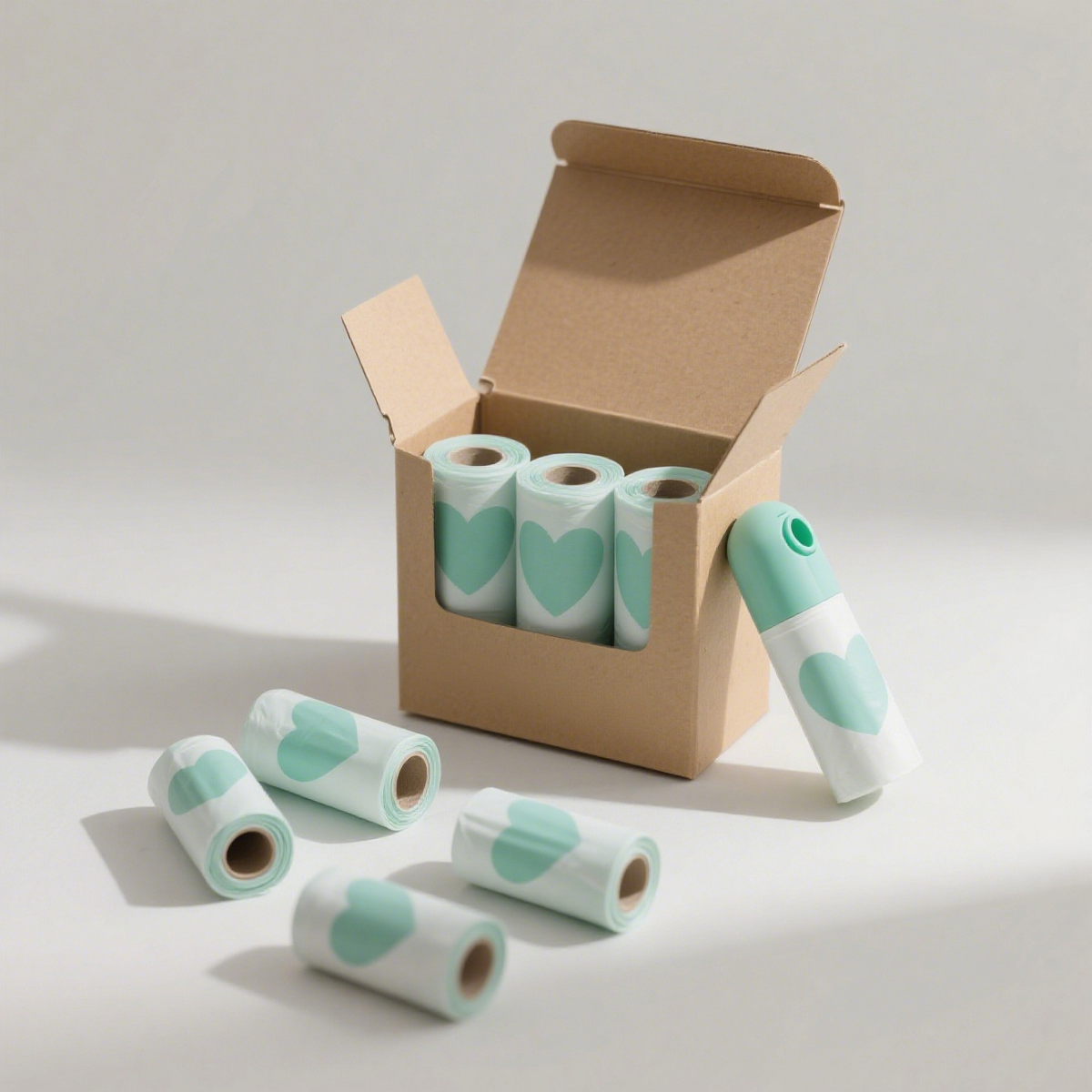 Rolls of light green biodegradable pet waste bags, with natural light highlighting the product's eco-friendly materials and practical packaging.
