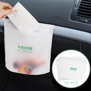 The white biodegradable vehicle garbage bag shows the in-car hanging usage scenario and product packaging, highlighting the environmental protection and vehicle cleaning functions.