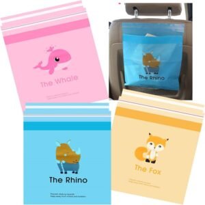 Four-color cartoon black fully biodegradable car garbage bags, including pink dinosaur, blue stars, yellow cat, and dark blue, embody environmental protection and childlike design.