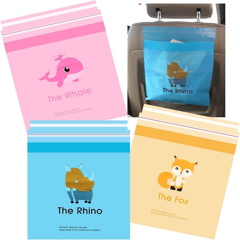 Four-color cartoon black fully biodegradable car garbage bags, including pink dinosaur, blue stars, yellow cat, and dark blue, embody environmental protection and childlike design.