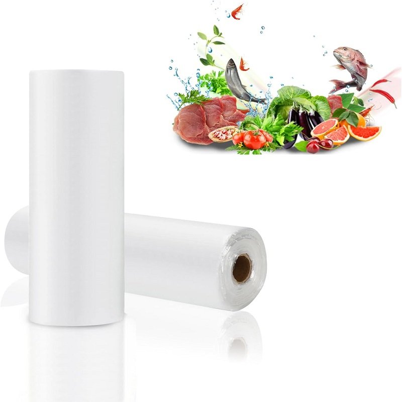 Two rolls of white biodegradable fruit and vegetable bags, with illustrations of fruits and vegetables and degradation elements on the right, reflecting the environmental friendliness of the product material and its preservation purpose.