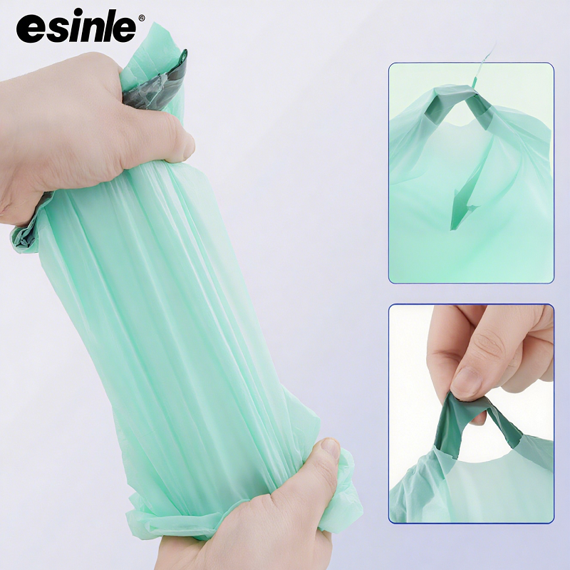 Two images show hands folding a light green “esinle” bag, likely eco-friendly or biodegradable, demonstrating its portability and usability as a sustainable packaging or shopping solution.