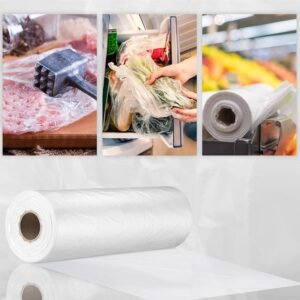 It shows the application of biodegradable fruit and vegetable bags in multiple scenarios, including storage images of meat, fruits and vegetables, etc. The lower right corner is the product scroll body, reflecting the diversity of use.