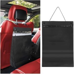 A black garbage bag is hung on the back of the red car seat, and on the right is a black empty bag with a lanyard, highlighting the car-mounted hanging design and portable storage function.