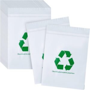 The white boxed biodegradable vehicle garbage bags are printed with a green recycling logo, highlighting the environmental attributes and product specifications.