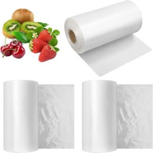 Display of biodegradable fruit and vegetable bags, including roll-up bags, unfolded bags, and strawberries, grapes and other fruits and vegetables, made of white translucent material.