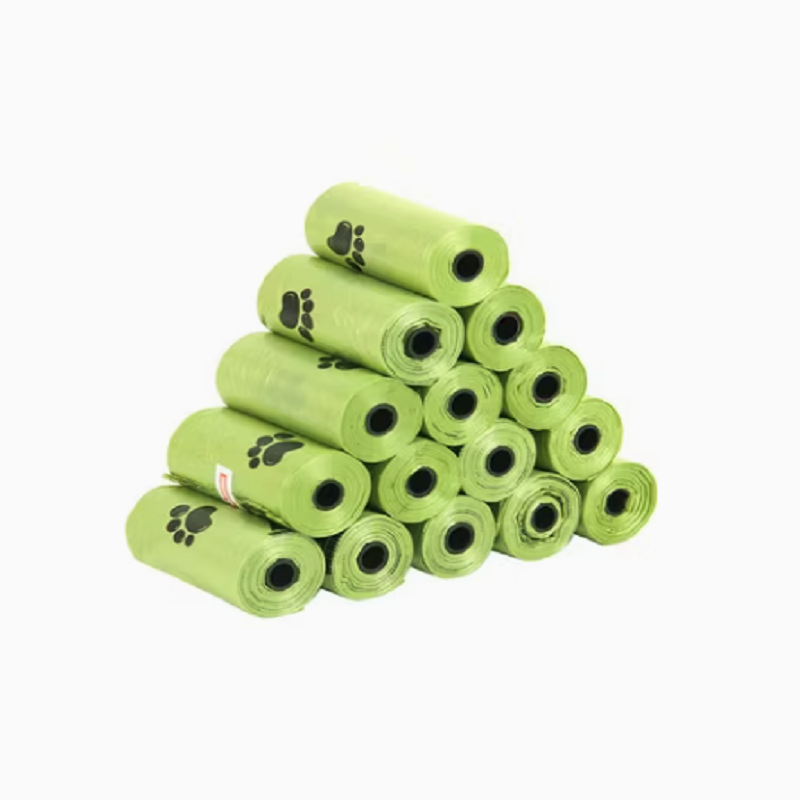 Several rolls of biodegradable pet bags, is biodegradable, representing sustainable options for packaging