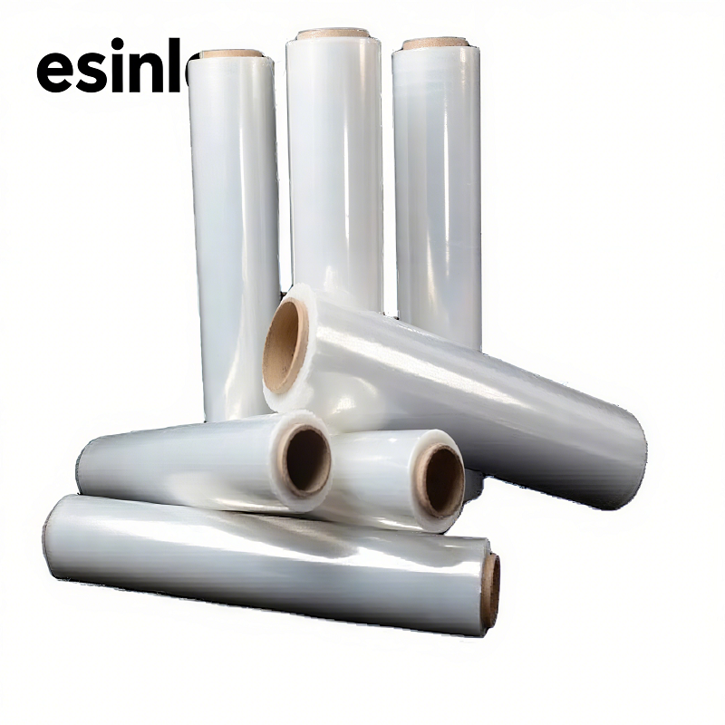 Several rolls of transparent plastic film with the “esinle” brand, is biodegradable, representing sustainable options for packaging