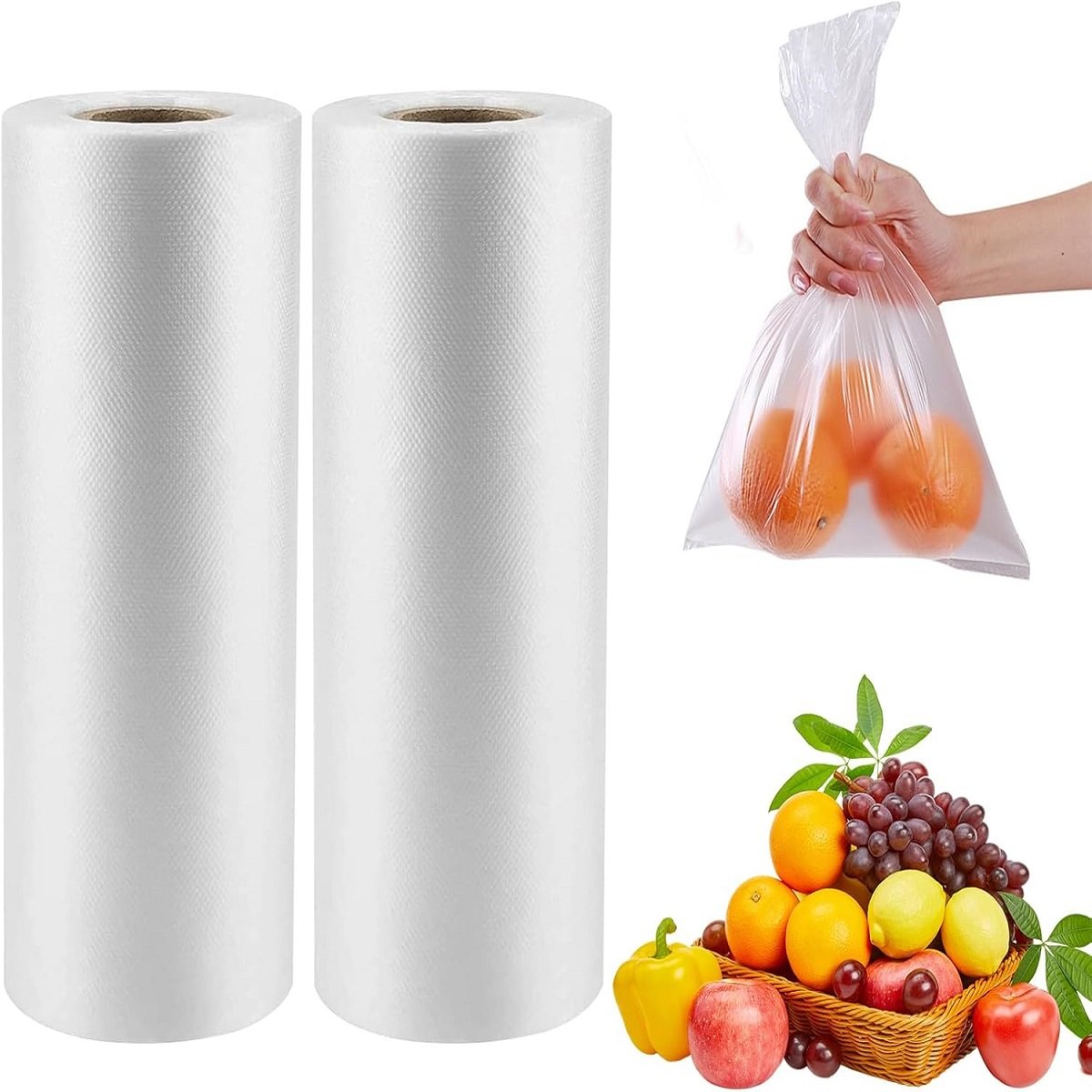 Two rolls of white biodegradable fruit and vegetable bags on the left, and a transparent bag full of fruit on the right, show the product's appearance and usage effects.