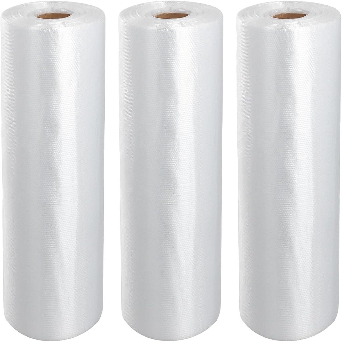 Three rolls of white biodegradable fruit and vegetable bags are placed side by side. The rolls are smooth and have round holes on the top, showing the product packaging in a simple overall manner.
